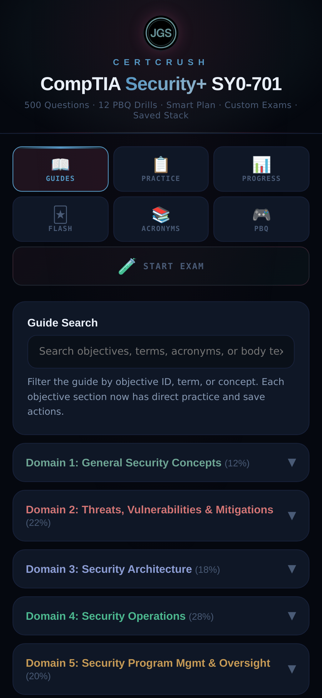 CertCrush Security+ dashboard showing study guides, practice modes, and exam launcher