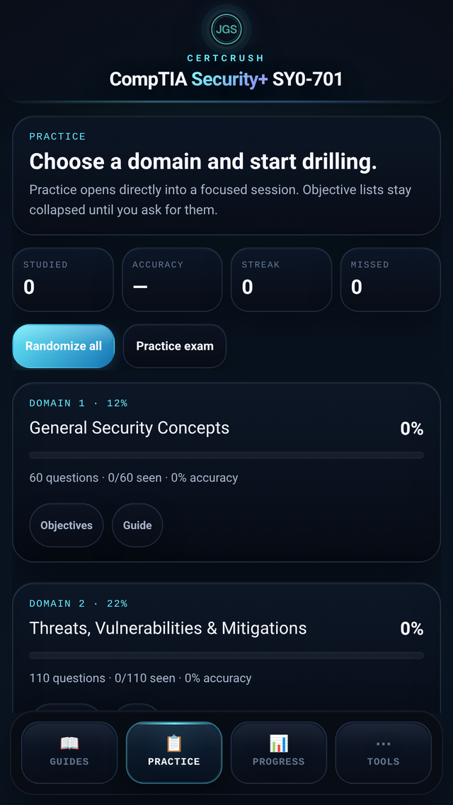 CertCrush practice mode preview
